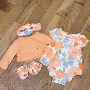 Preemie coral colored girl dress bundle head band mittens and sweater